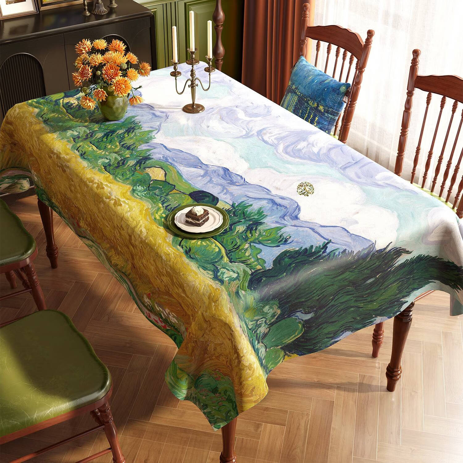 茶几桌垫高级感2024新款梵高油画桌布防水防油家用长方形免洗餐子
