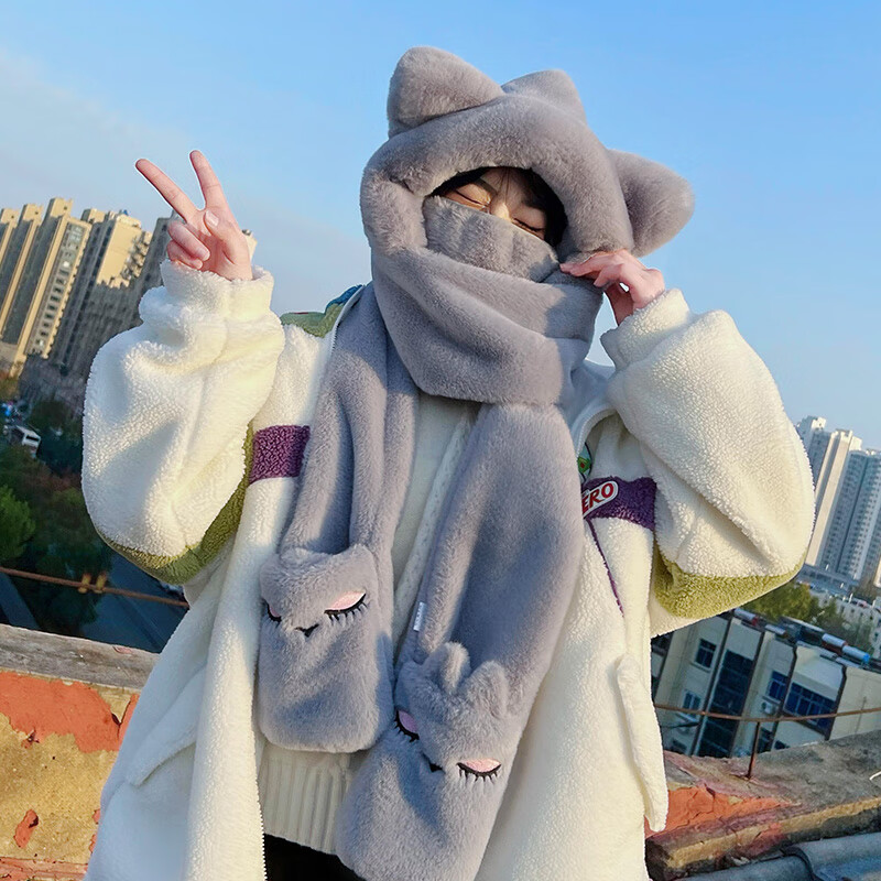 giaventola围巾女冬季可爱小熊口罩帽子毛绒手套三件套连帽一体围脖
