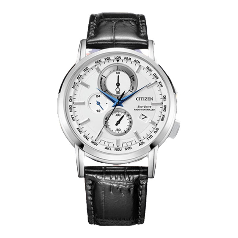 西鐵城（CITIZEN）手表男日韓表光動(dòng)能電波三眼白盤皮帶商務(wù)送新年禮物AT8110-11A