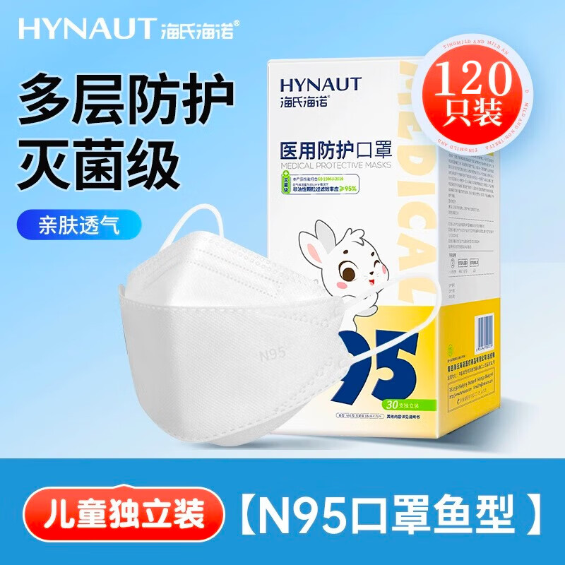 海氏海诺儿童N95口罩4-8岁灭菌级鱼嘴型独立装柳叶四层医用级春夏季防护 4盒 共120只【儿童款-灭菌级】