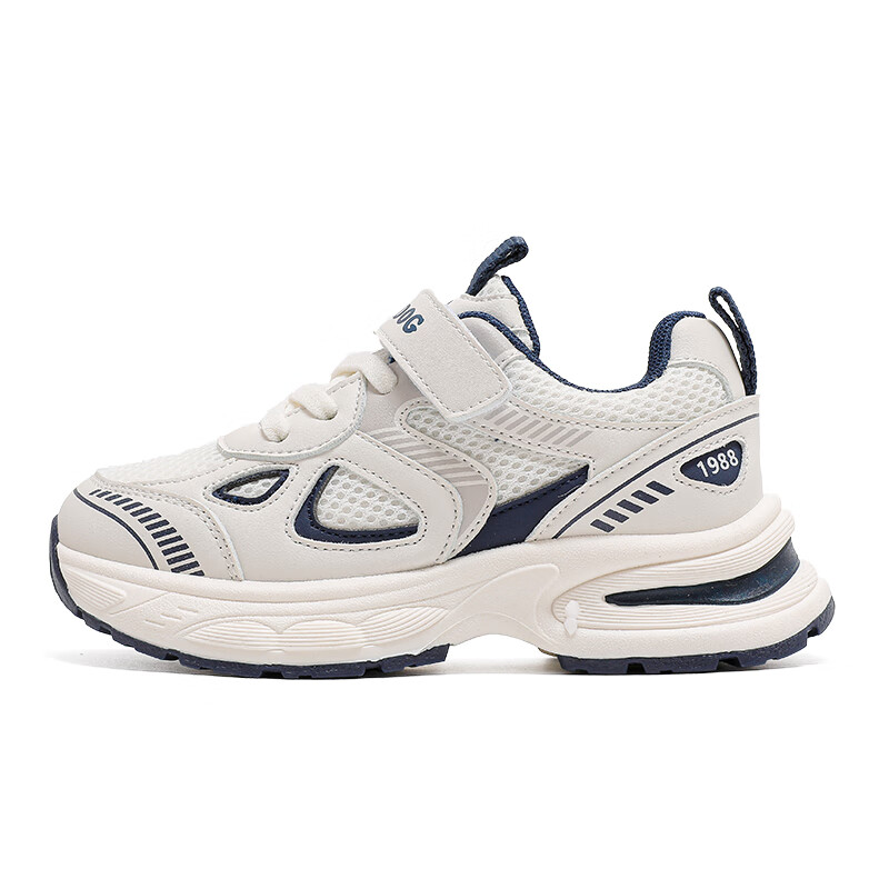 巴布豆童鞋男童秋季新款老爹鞋透气儿童运动鞋女百搭软底跑鞋 米/藏青蓝 30 适合脚长18.3cm