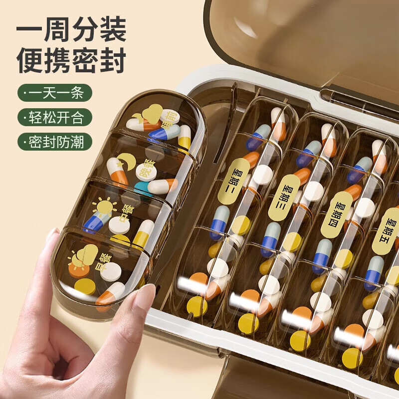 米聆藥盒便攜式一周七天藥品分裝盒分藥器隨身藥物吃藥提醒小藥盒 28格【棕色】三重密封