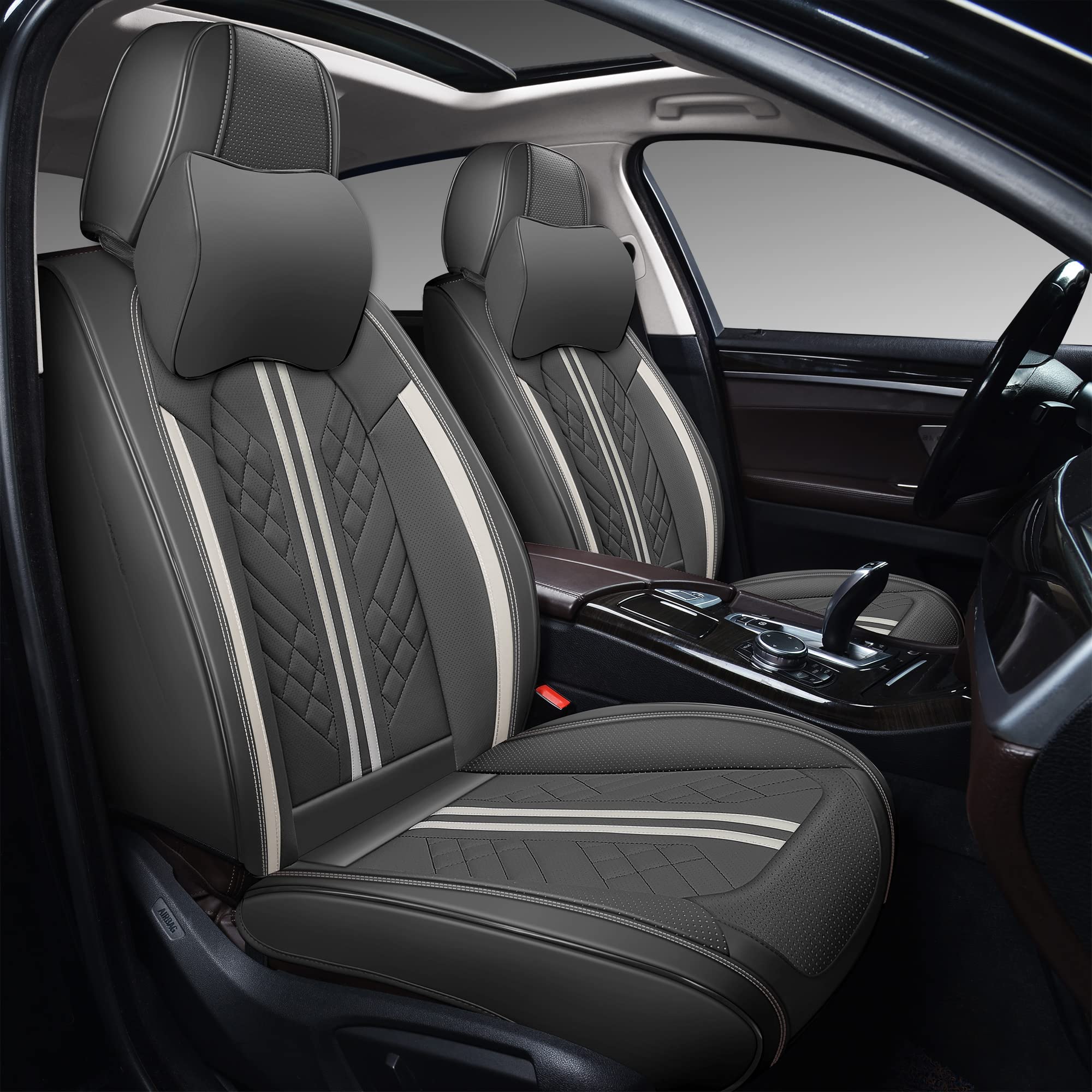 gxt豪华人造皮革全覆盖汽车座椅套 深灰色和白色条