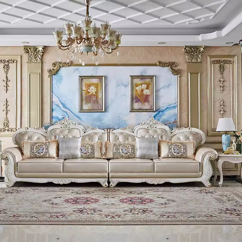 千巢家居欧式真皮四位直排沙发 欧式沙发组合 客厅简美复古皮质沙发 3.2米到3.6米