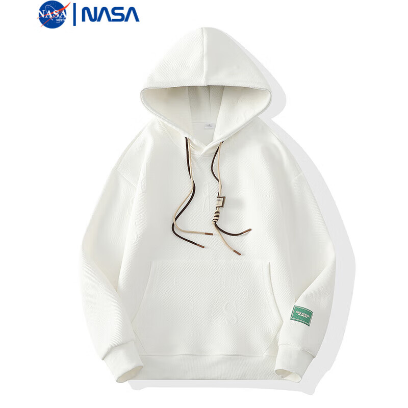 NASAMITOO连帽字母卫衣男士2024秋季新款宽松休闲简约提花上衣 白色 XL