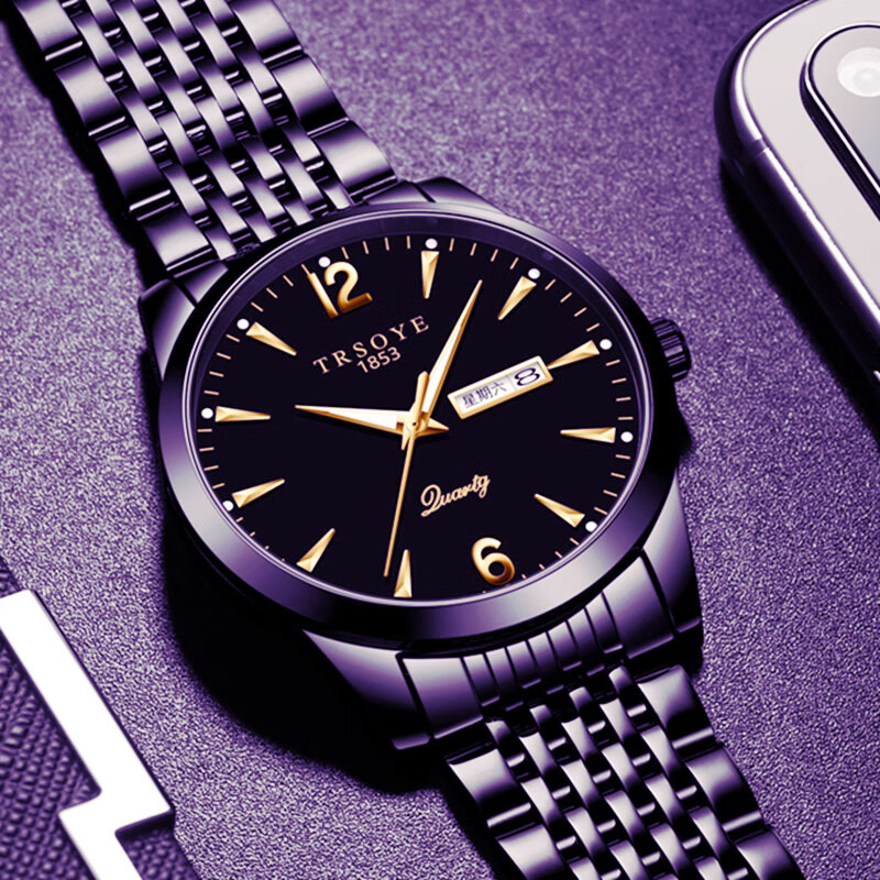 CLNAI时尚潮流男表防水夜光双日历星期钢带大气男士手表男款考试腕表 间金白面【日期+星期+夜光】 39mm