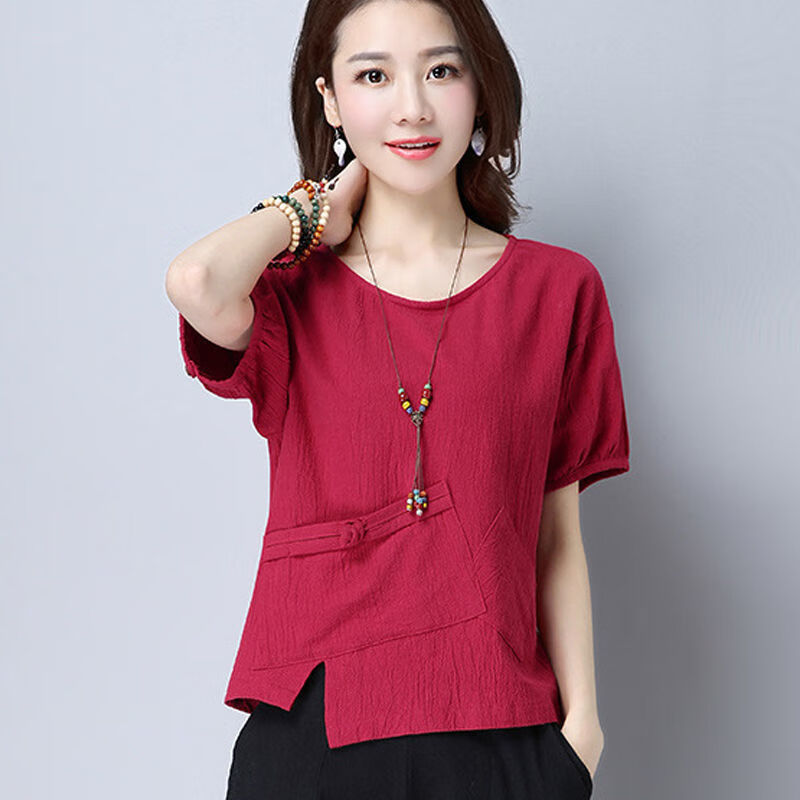 西十85-170斤可穿绵麻t恤女宽松韩版短袖上衣夏装百搭大码纯色潮 红色