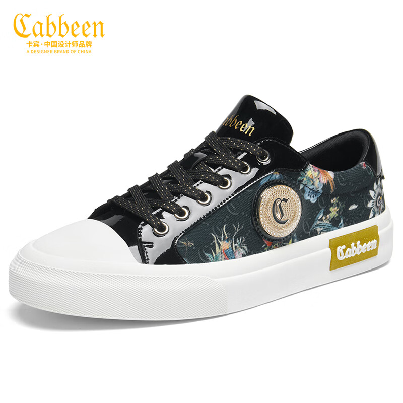卡宾帆布鞋男鞋春季圆标印花板鞋男百搭轻奢男士休闲鞋低帮平底鞋子男 黑色 41 【=运动鞋42码】