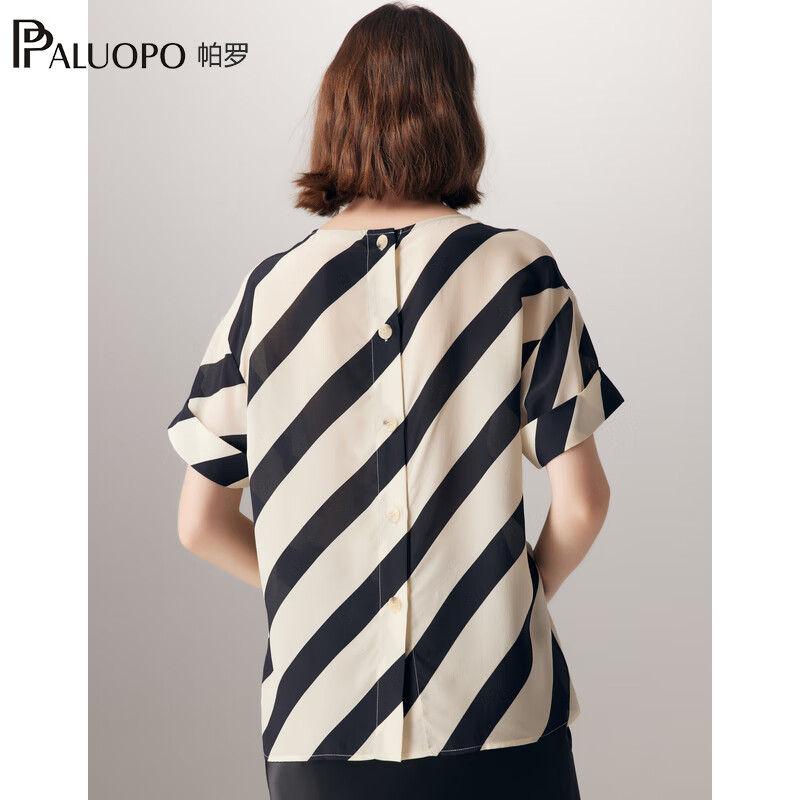 帕罗(PALUOPO)14姆米双绉真丝短袖t恤女条纹印花圆领100%桑蚕丝森休闲t体恤上衣 米黑 2XL (175/96A)