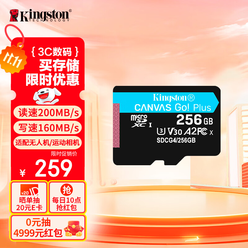 金士顿（Kingston）256GB TF（MicroSD）存储卡 内存卡U3 V30 A2 4K适配大疆Pocket 3/Action 5/无人机/运动相机/监控