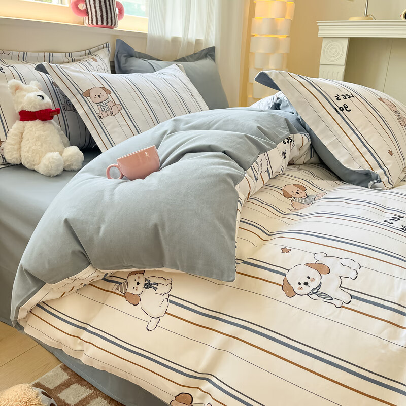 AIDLIA类全棉磨毛床上四件套纯棉床单被套床笠保暖床品套件 A趣味小狗 1.5/1.8m床 床单款 （被套200*230cm）