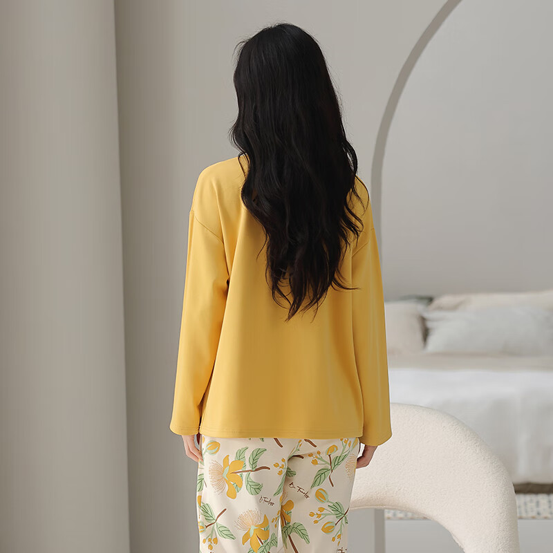 芬腾睡衣女【100%纯棉】秋冬新款圆领长袖花卉睡衣女家居服套装女神节 黄色 L