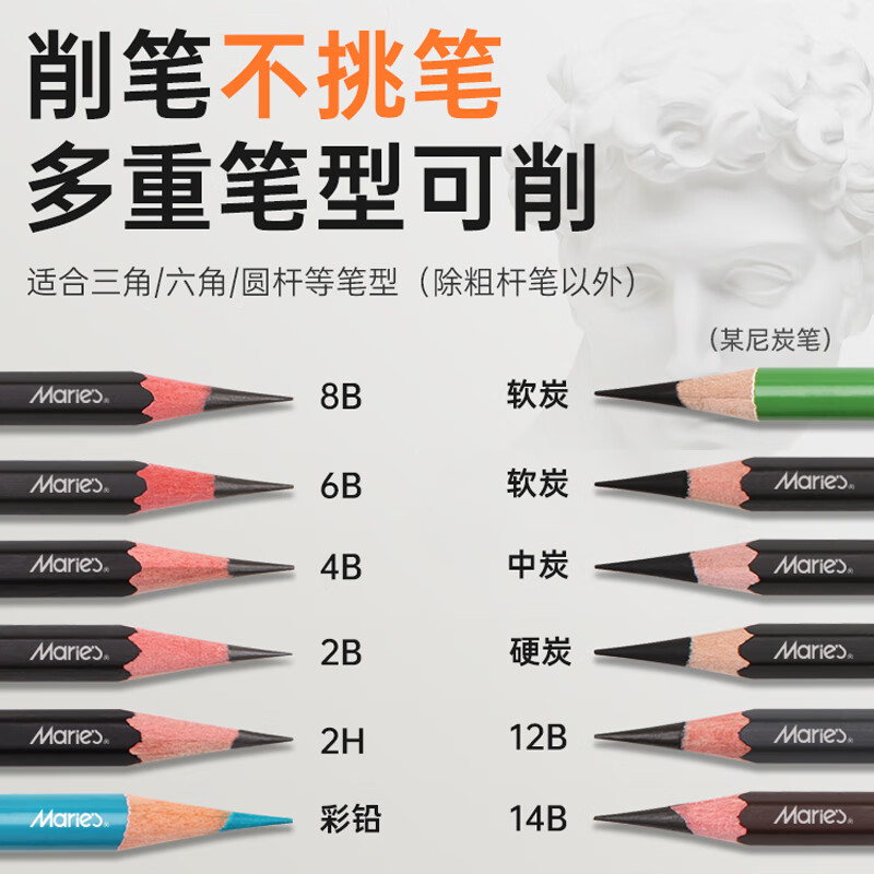 马利(Marie's)素描速写削笔器 手摇美术生专用炭笔铅笔刀专业碳笔全自动进铅专业手动卷笔刀转笔削 速写削笔的【透明黑】