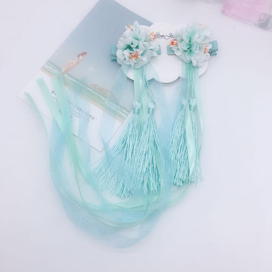 甜苗苗 古风汉服长飘带流苏发夹 古风绢花丝带发饰配饰发夹古风对 青