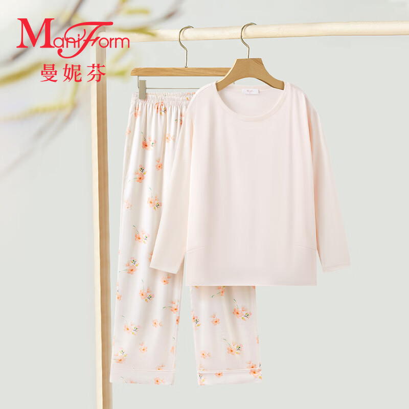 曼妮芬圓領(lǐng)雪紡緞家居服套裝睡衣起居服女士舒適長袖長褲20310928 990玉蘭印花 XL (170)