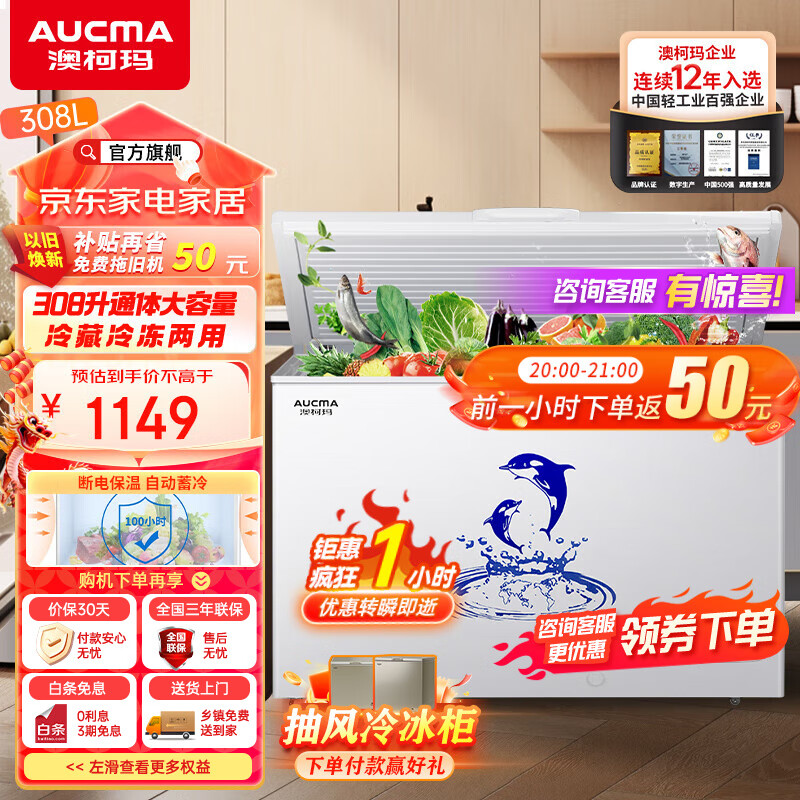 澳柯玛（AUCMA）308升阻霜商用家用冰柜商用大容量 冷藏冷冻转换冷柜 冷藏柜大冷冻柜冰柜家用冰箱大冷柜以旧换新 BC/BD-308HNE 308L