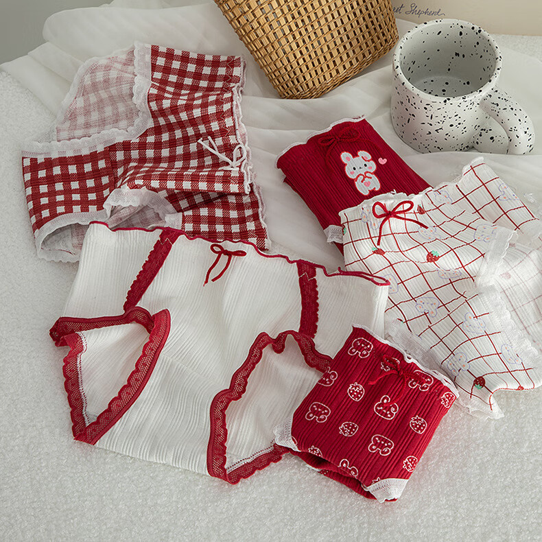 卡拉美拉纯棉内裤女透气三角裤甜美清新女士短裤少女大童内裤 红色蕾丝卡通款混色 3条 均码 （适合85-120斤）