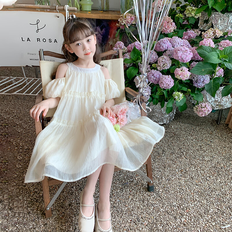小野七天女童夏裝連衣裙2024新款夏天裙子兒童露肩公主裙小女孩夏季雪紡裙 兒童米白連衣裙 140