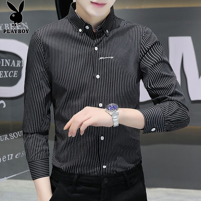 花花公子2025新款百搭款长袖衬衫男秋冬季男士衬衣男条纹商务休闲绅士外套 10631/TW03黑色 XL