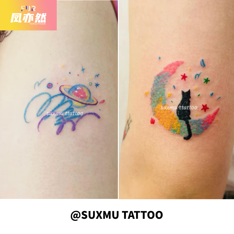 凤亦然苏小木ins彩色创意土星 可爱手臂蜡笔风彩色月亮和猫咪纹身贴