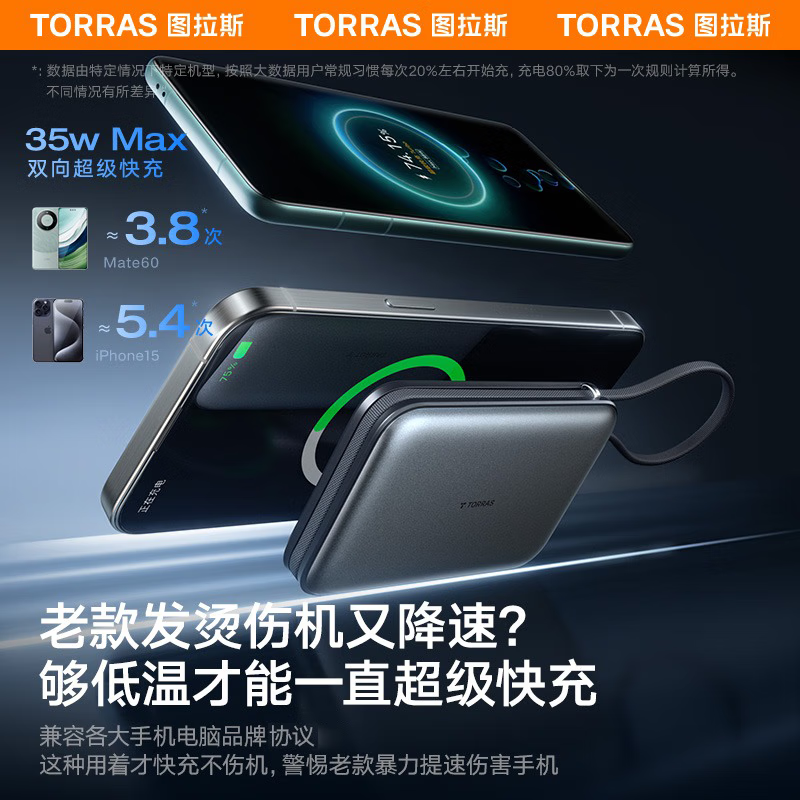 图拉斯自带线充电宝【新国标3C认证】超薄20000毫安小巧便携适用华为苹果17 16 15 14Promax可上飞机 雪山白丨35W快充丨2W毫安 【新国标3C安全认证丨大容量超快充】