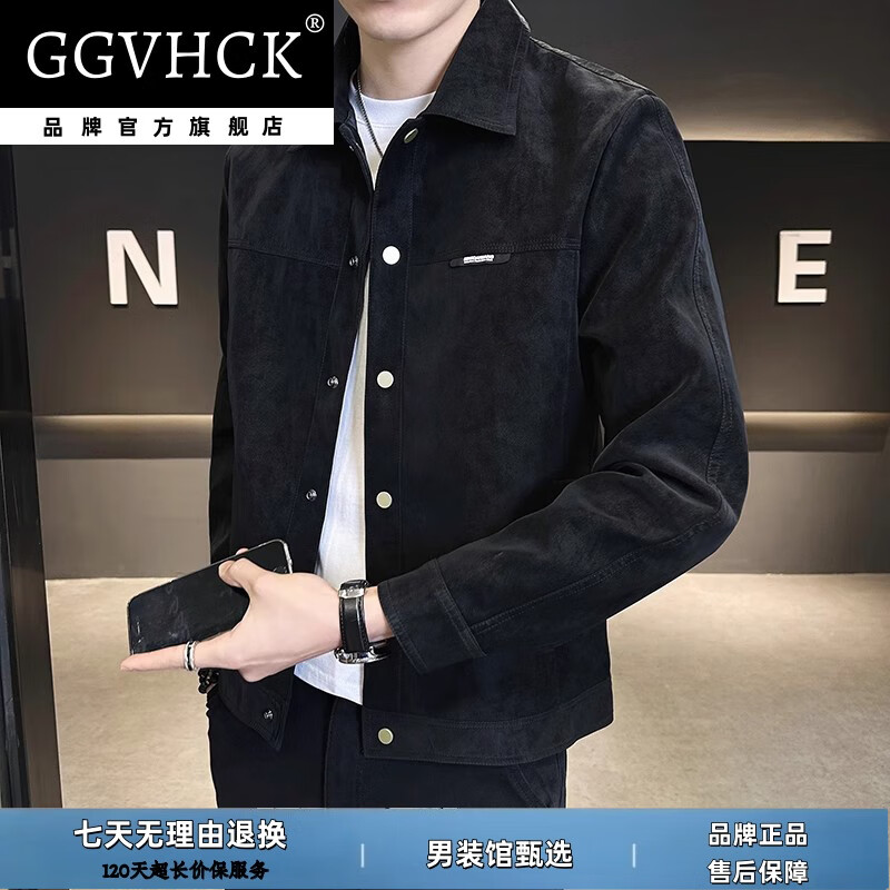GG VH CK品牌轻奢夹克男士2026春季新款高级感仿鹿皮商务休闲男外套高档 黑色加绒款 4XL