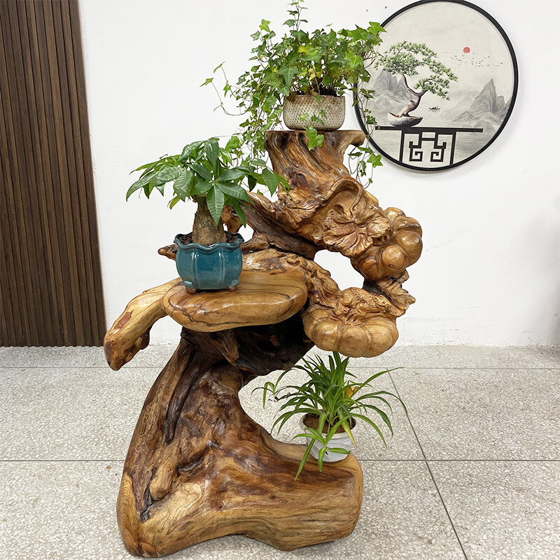 御腾臻藏原木根雕花架木雕底座客厅摆件天然随形树根盆景架实木根艺