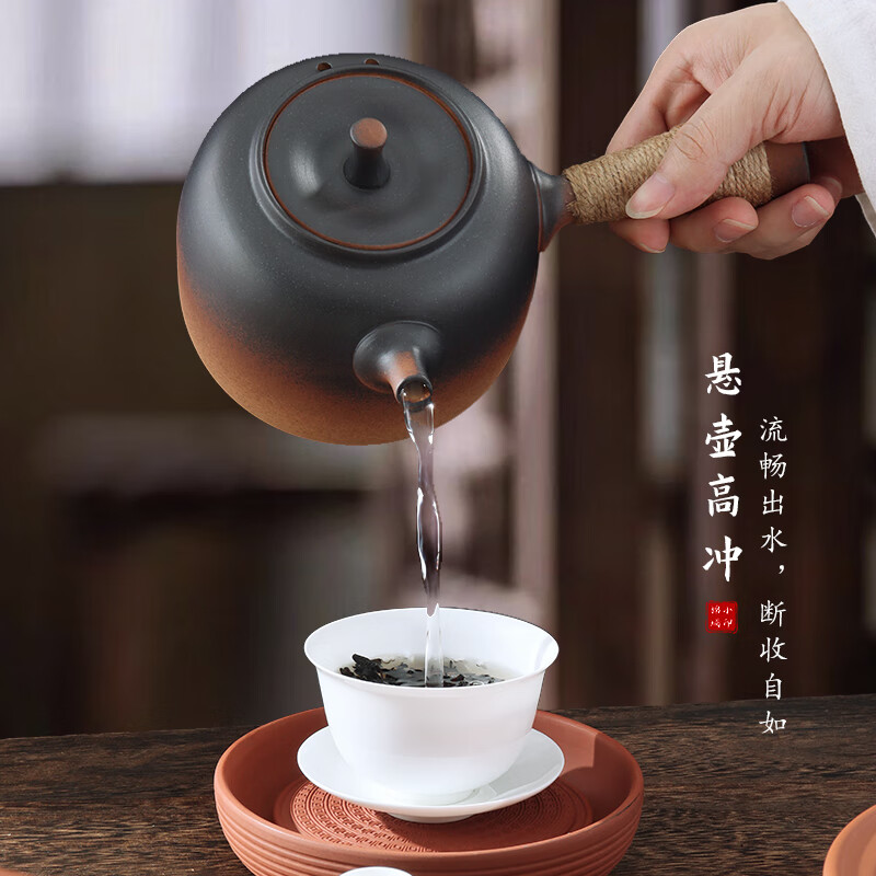 棉小城潮汕红泥炭炉户外煮茶炉粗陶侧把烧水壶围炉煮茶老式风炉复古手工 红泥雅扇炭炉+富贵绑绳壶+四件套