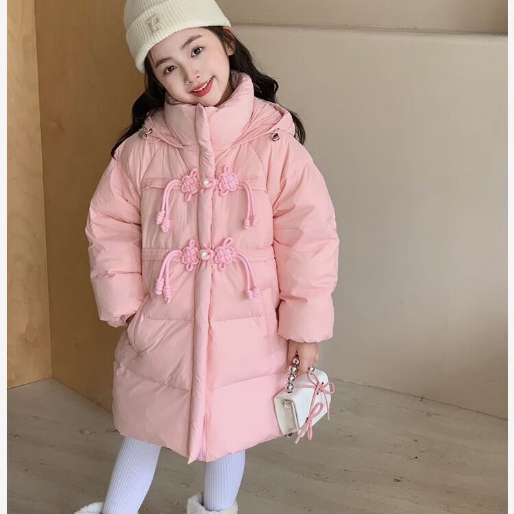 红唇珊正品白鸭绒女童中国风中长款羽绒服儿童长款拜年服加厚童装外套冬 粉色 110cm