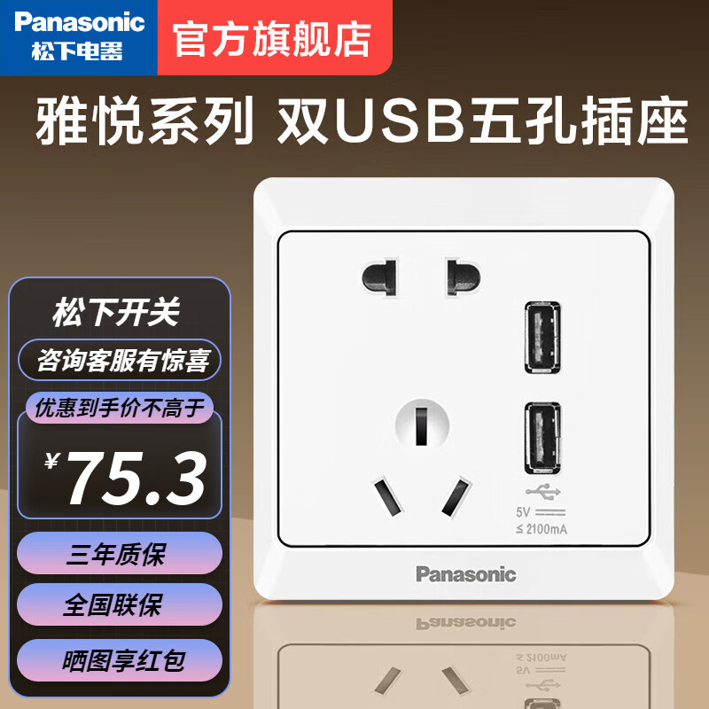松下（Panasonic）86型雅悦开关插座空调单控电源五孔电工家用墙上usb插座双控开关 双USB五孔插座 WMWA654-N
