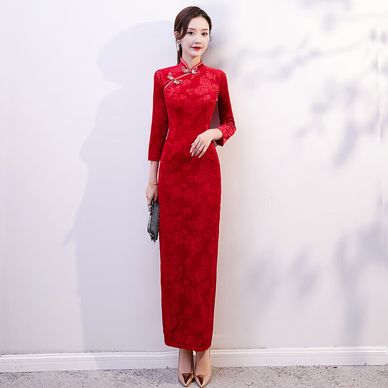 花九卿礼仪小姐礼服迎宾旗袍冬礼仪服装女颁奖会外嫁女回娘家长袖红色