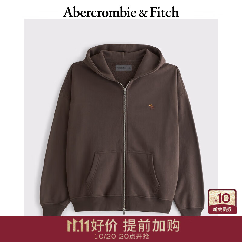 Abercrombie &amp; Fitch经典小麋鹿图案男装25秋冬新款抓绒宽松连帽卫衣外套122-5540 深棕色 M (180/100A)
