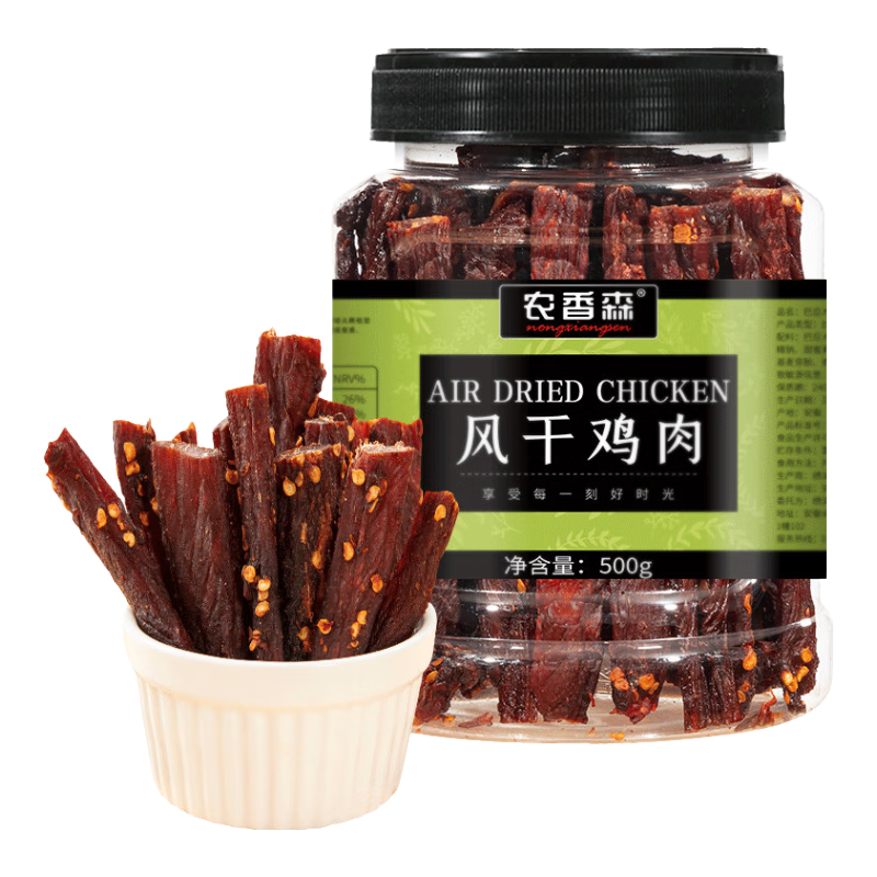 农香森 麻辣风干鸡胸肉干500g罐装鸡肉干肉条减零食低耐嚼卡脂即食解