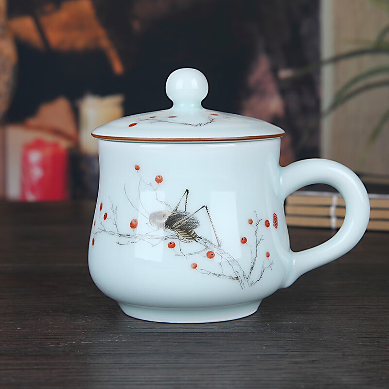 九楼阁 景德镇陶瓷茶杯带盖有手柄青瓷办公水杯350ml 6款各一个 300ml 6只