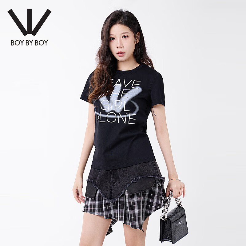 boy by boy新品潮牌女装丝网印花logo宽松舒适针织短袖t恤 黑色 s