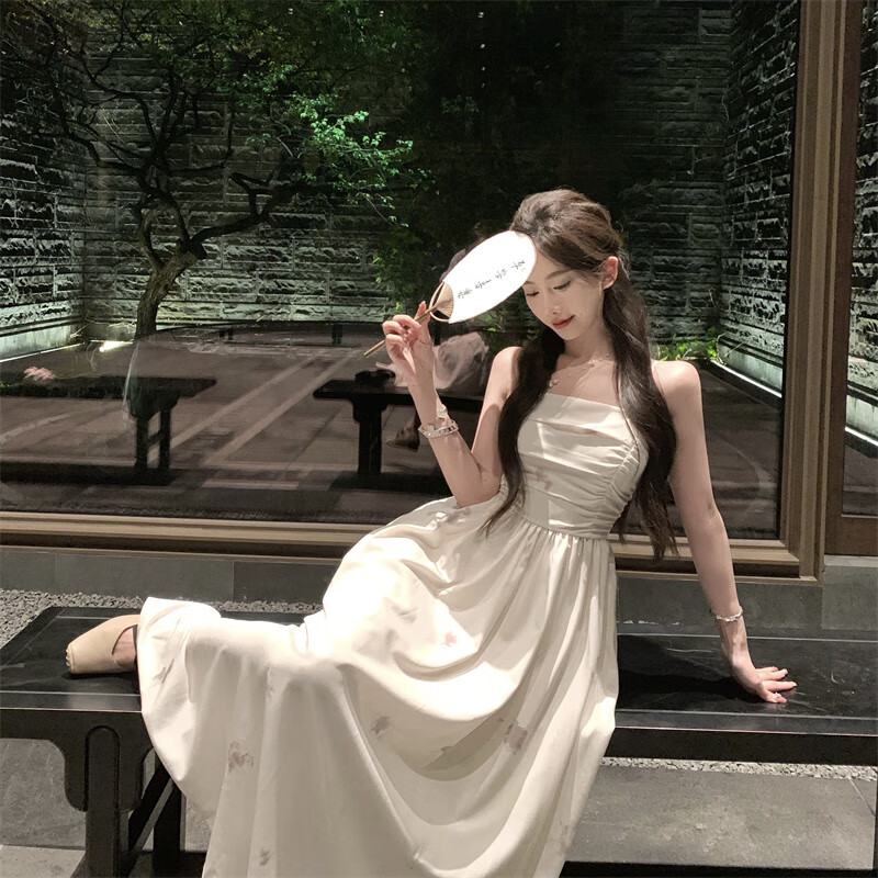 摩舍沙滩裙夏季法式茶歇抹胸水墨吊带裙连衣裙女温柔风复古气质长裙子