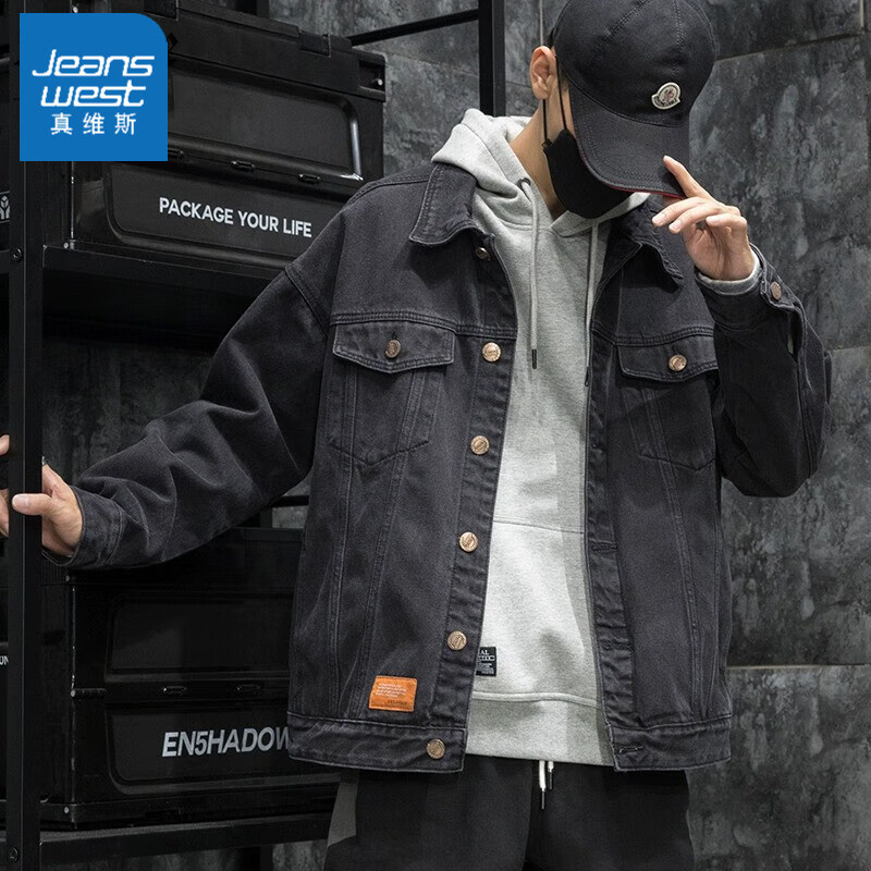 真維斯（Jeanswest）牛仔外套男2024秋季新款日系寬松潮流百搭大碼工裝夾克牛仔衣男士 6821黑色 4XL 體重215至240斤