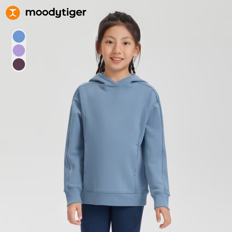 moodytiger女童卫衣保暖抓绒冬季儿童卫衣连帽童装弹力透气纯色简约运动上衣 湖蓝色 165