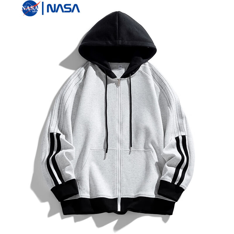 NASAMITOO连帽开衫卫衣男士2024秋季新款宽松休闲简约百搭上衣 花白灰 L