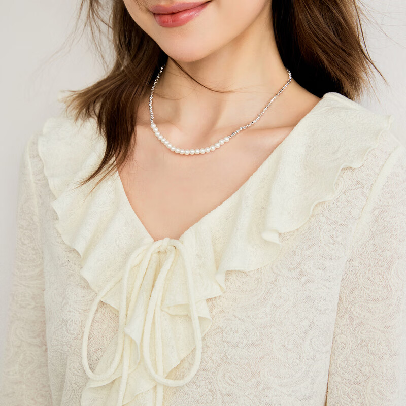 乐町甜美浪漫荷叶边长袖开衫2024年秋季新款修身收腰针织衫上衣 米白(现货) XS