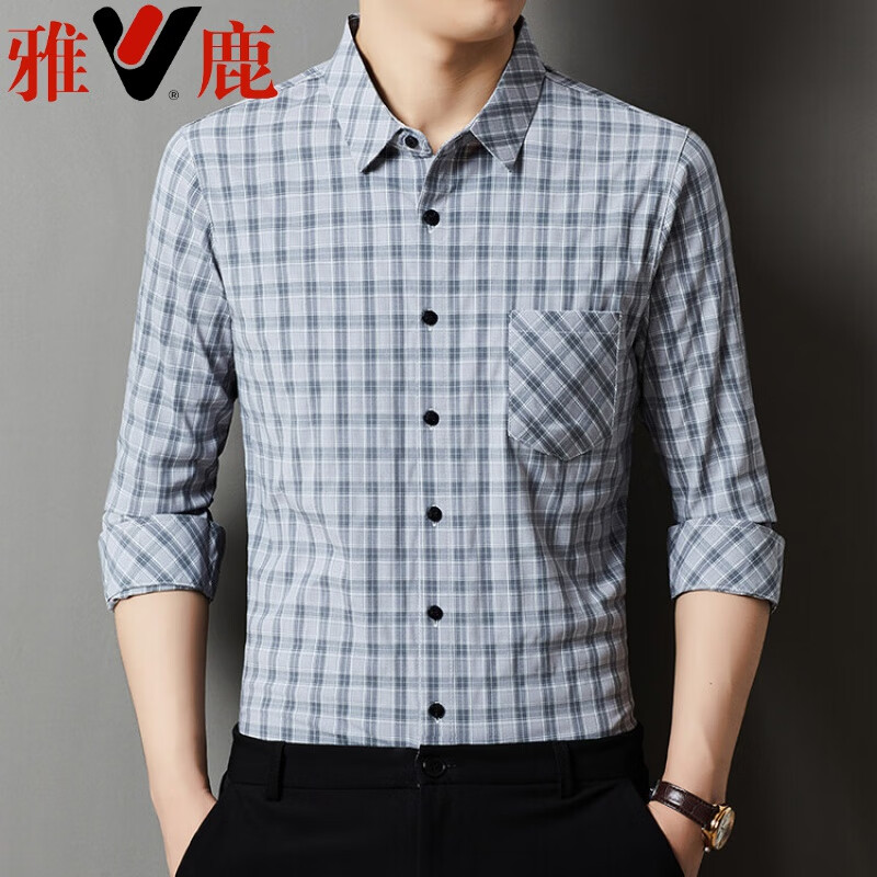 雅鹿中老年男士格子长袖衬衫春秋季商务休闲宽松有口袋爸爸装衬衣服男
