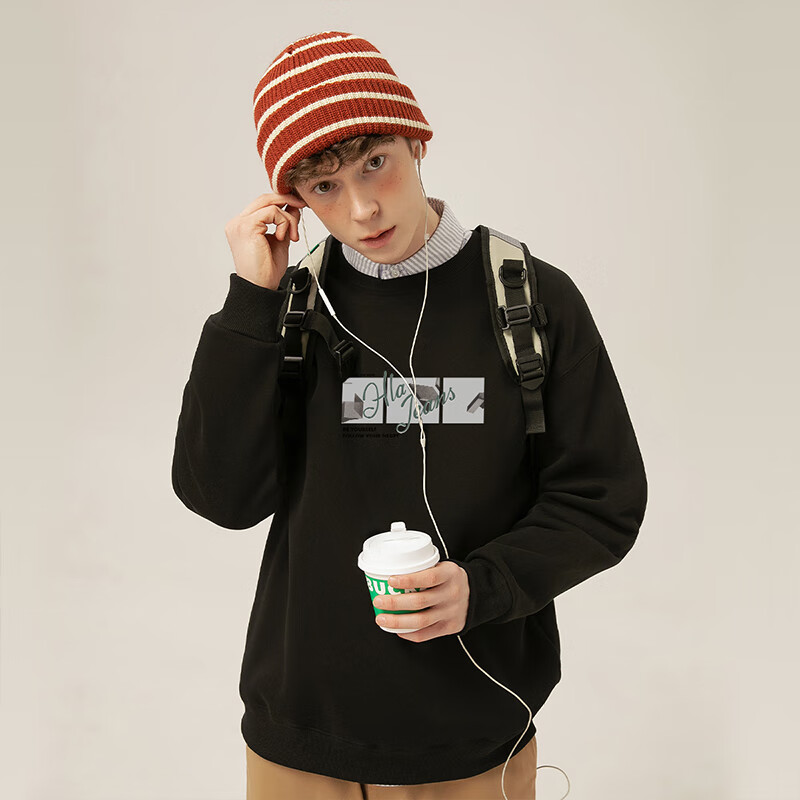 黑鲸海澜之家旗下潮牌运动卫衣男冬季圆领加厚带绒防寒上衣 黑色 XL