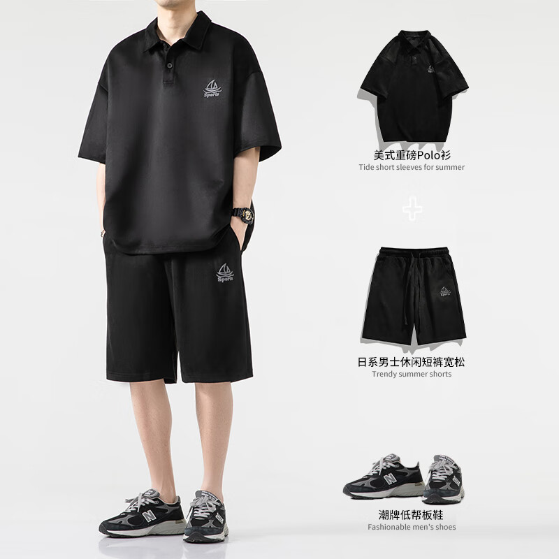 列迅衬衫领短袖polo衫男生酷帅穿搭夏季短裤两件套搭配一套运动套装男 13深灰 M