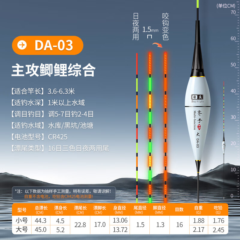 齐手咬钩变色夜光漂重力感应电子漂纳米高灵敏浮漂日夜两用鲫鱼漂 DA-03黑坑鲫鲤 大号两支小号一支