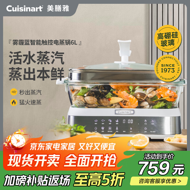 美膳雅家用电蒸锅玻璃蒸箱多功能蒸锅小型蒸汽锅蒸箱蒸鱼锅 6L 雾霾蓝智能触控屏电蒸锅