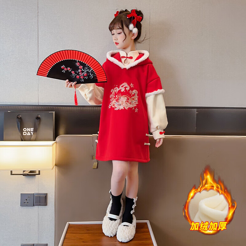 女汉服洋装新款过拜服新唐装旗袍 红色 120cm 穿110-115身高45斤内