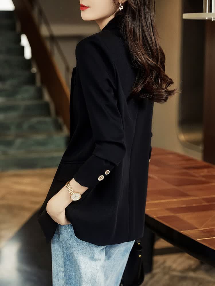 咖啡色西装外套女春秋女神范时尚休闲小个子夹棉加厚西服上衣 黑色