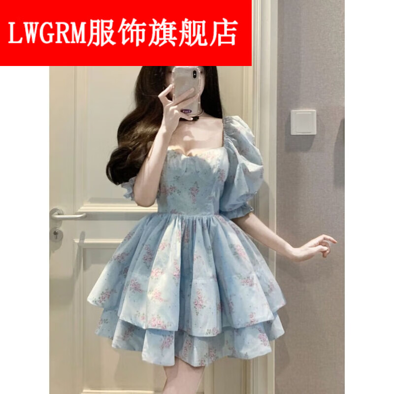 lwgrm公主蓬蓬裙连衣裙成人年甜美高腰娃娃裙法式方领泡泡袖色 浅蓝 s