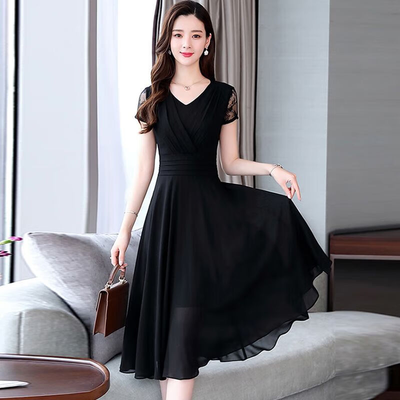 spraying抖音连衣裙40到50岁收腰富婆洋气质显瘦时尚网红裙子 黑色 m