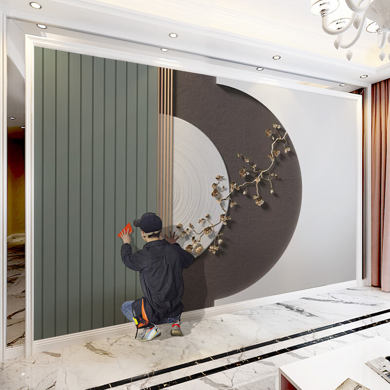 山头林村2024新款3d立体壁画客厅墙布中式格栅沙发电视背景墙自粘梅花